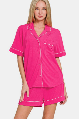 Hot pink button down short sleeve lounge set with white trim, includes top with pocket and shorts, two-piece, slightly stretchy material.