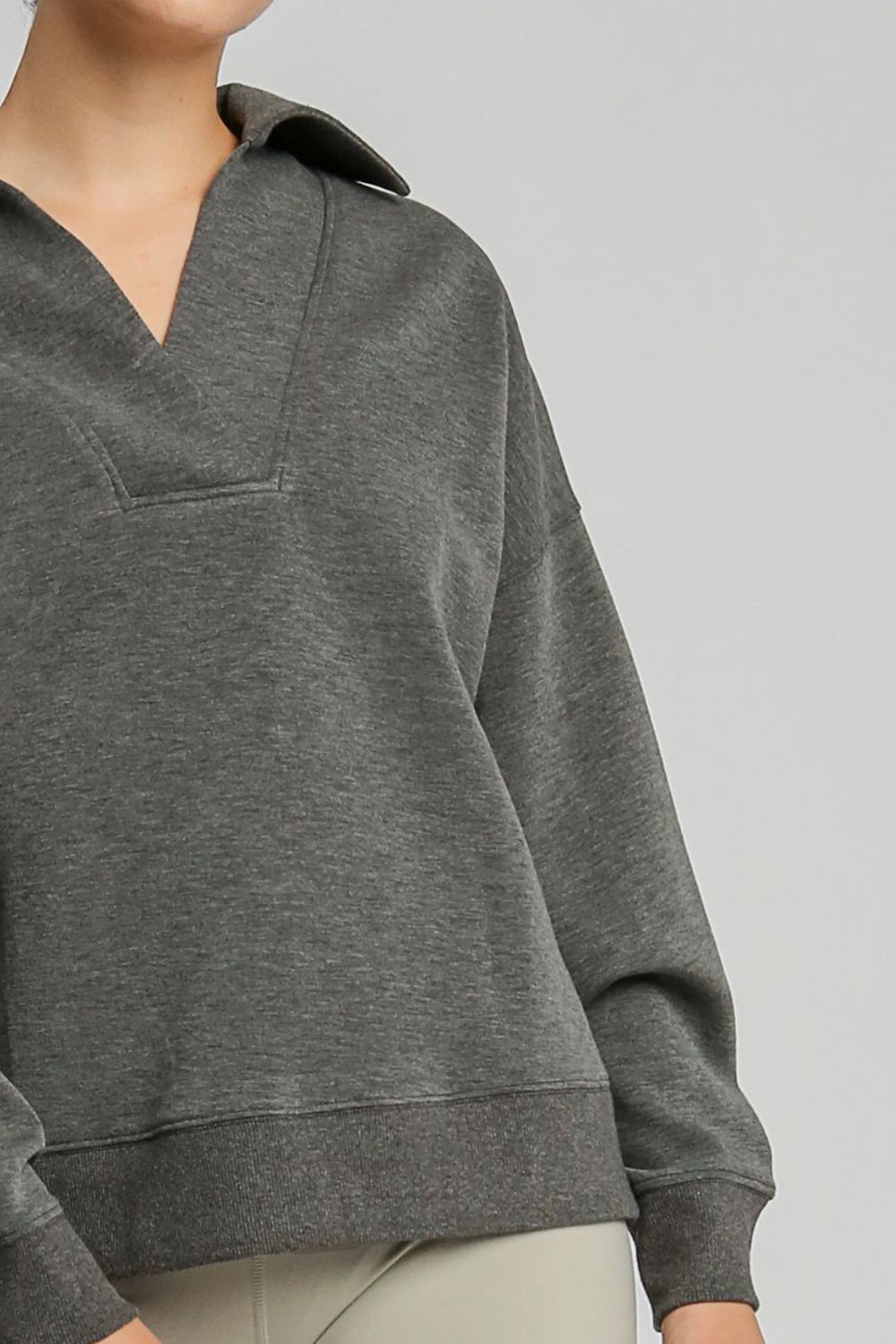 Charcoal Johnny collar dropped shoulder sweatshirt in soft rayon blend with slight stretch, featuring a basic opaque style.