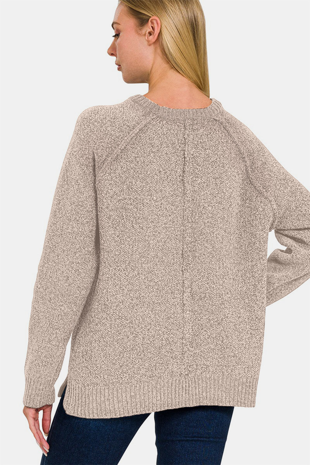 Light Mocha Side Slit Raglan Sleeve Sweater with exposed seam and ribbed hem, made of slightly stretchy polyester-acrylic blend.