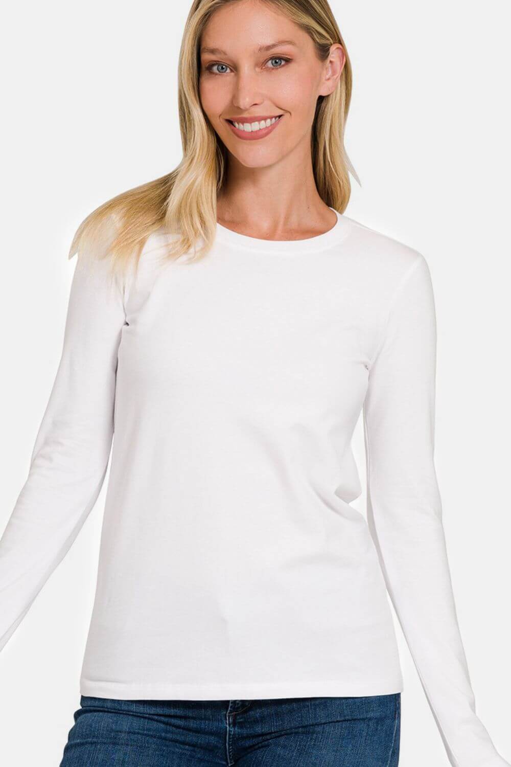 White full size round neck long sleeve t-shirt, basic style, slightly stretchy, made of 95% cotton and 5% spandex.