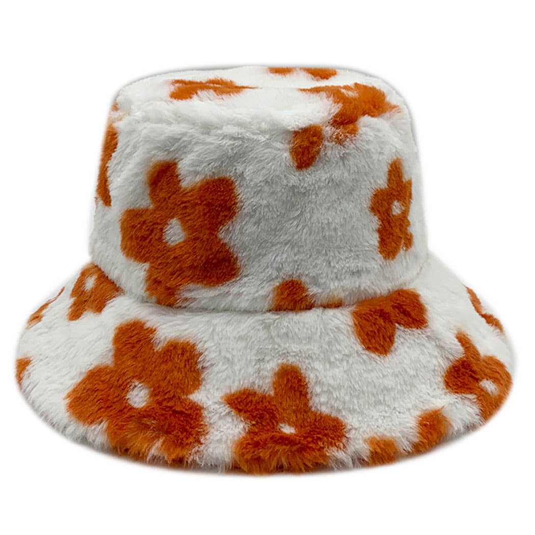 Floral printed faux fur bucket hat with orange flowers, cozy winter style with adjustable strings, 100% polyester.