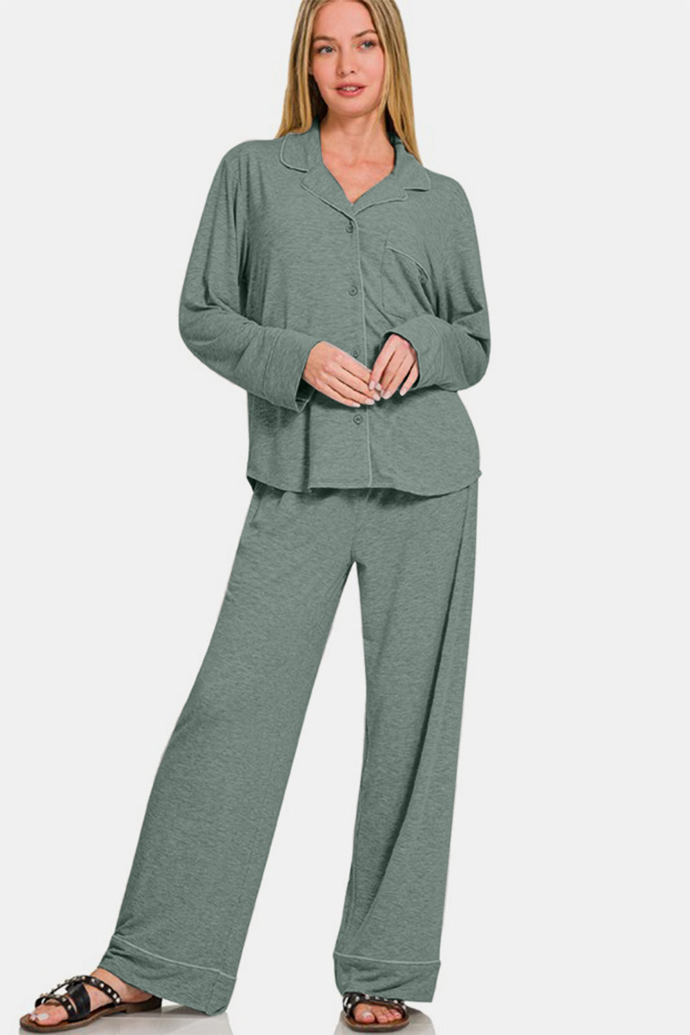 Sage button down long sleeve top and pants lounge set, basic style with pockets, slightly stretchy polyester-rayon-spandex blend.