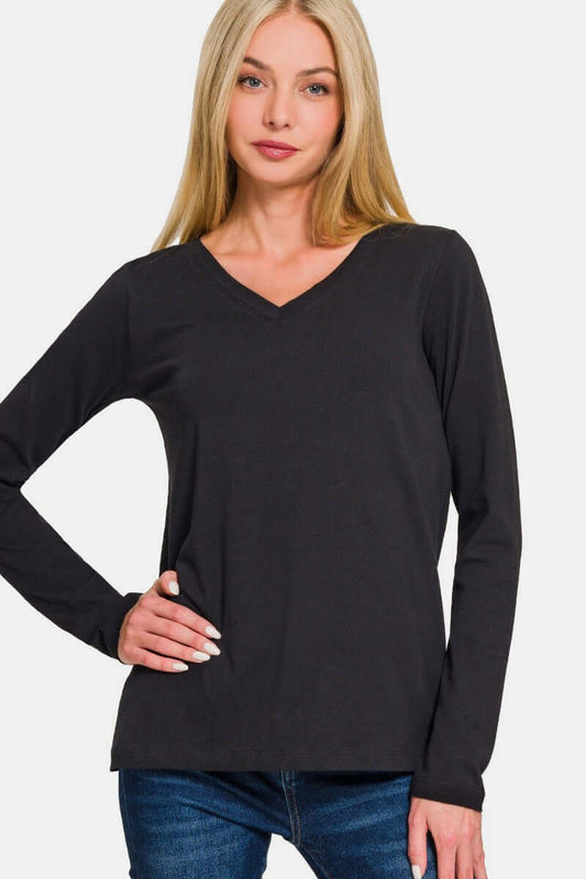 Black full-size V-neck long sleeve T-shirt, opaque and slightly stretchy, made of 95% cotton and 5% spandex.