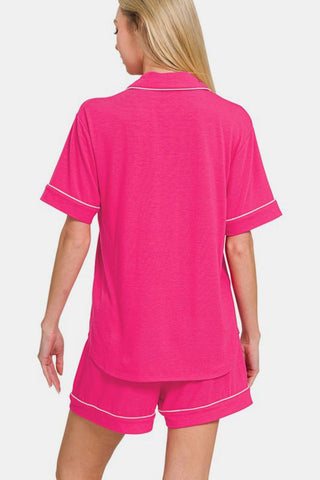 Hot pink button-down short sleeve top and shorts lounge set, basic style with pockets and slight stretch, back view.