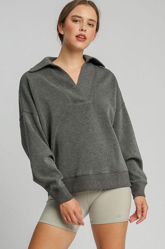 Charcoal Johnny Collar Dropped Shoulder Sweatshirt in soft rayon-polyester blend, perfect for casual chic style with slight stretch.