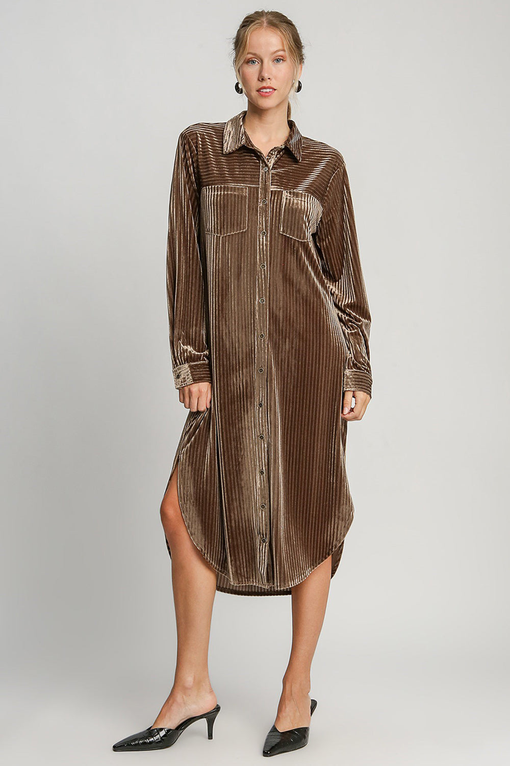 Brown textured curved hem button-down shirt dress with pockets and slight stretch