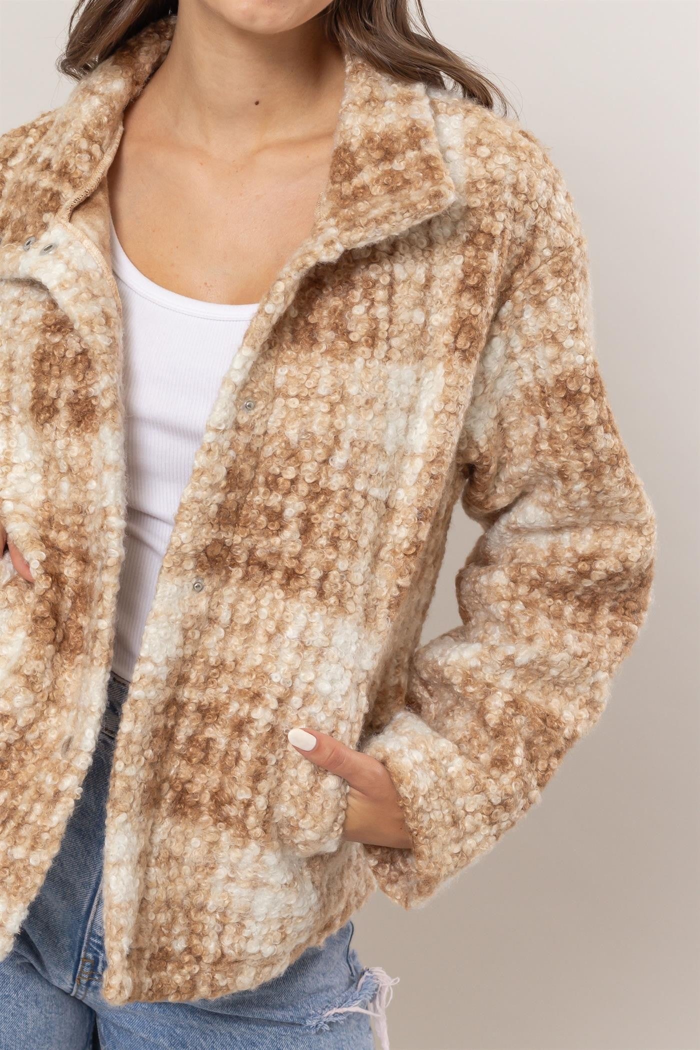 Taupe plaid collared neck boucle jacket with pockets, basic style, 100% polyester, women's fashion outerwear.