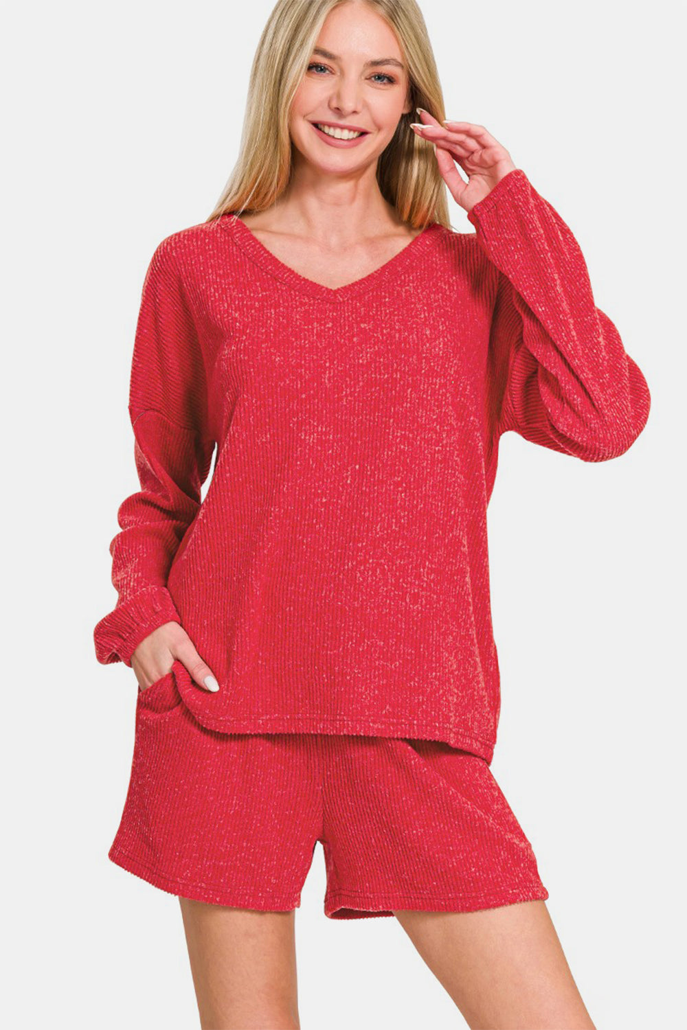 Deep Red V-Neck Long Sleeve Ribbed Top and Shorts Set