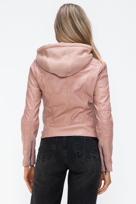 Mauve faux leather hooded jacket with zip-up front and drawstring, shown from the back, features pocketed design and normal thickness.