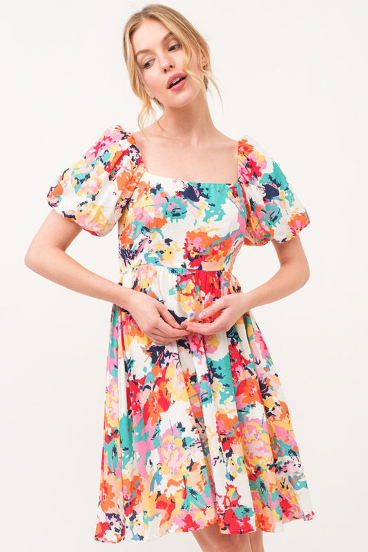 Multicolor square neck puff sleeve floral dress with ruching and pockets, non-stretch polyester fabric, perfect for a vibrant look.