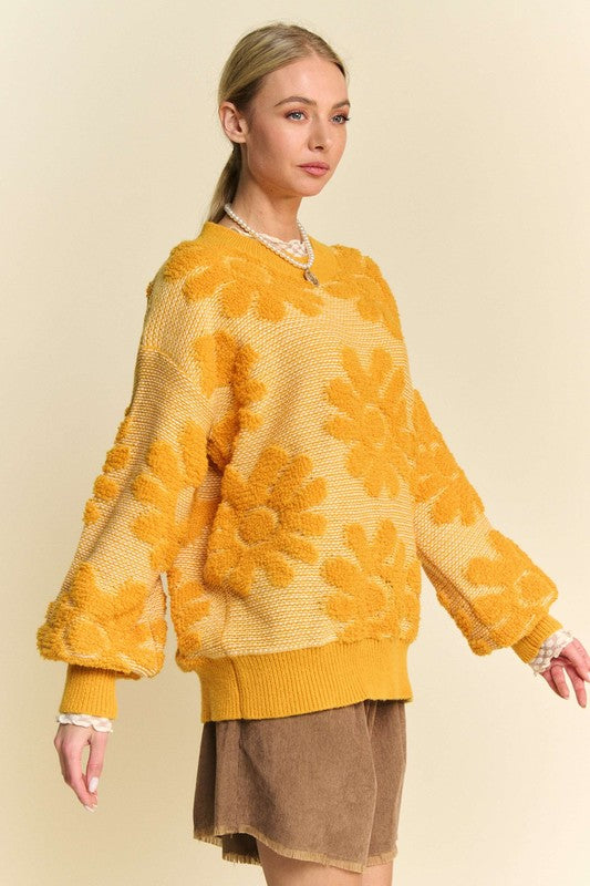 Gold flower texture sweater with round neck and dropped shoulders, slightly stretchy, made from 100% polyester