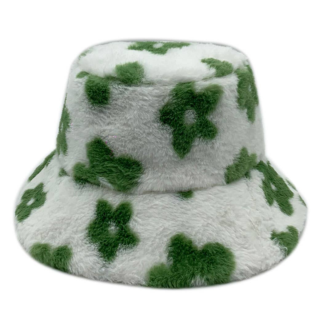 Floral printed faux fur bucket hat with green flowers, cozy winter design, featuring a flat top and adjustable strings.