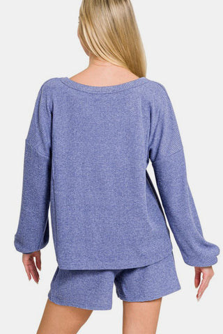 Zenana ribbed top and shorts set in blue, featuring a v-neck long sleeve top with matching shorts, showcasing trendy and casual style.