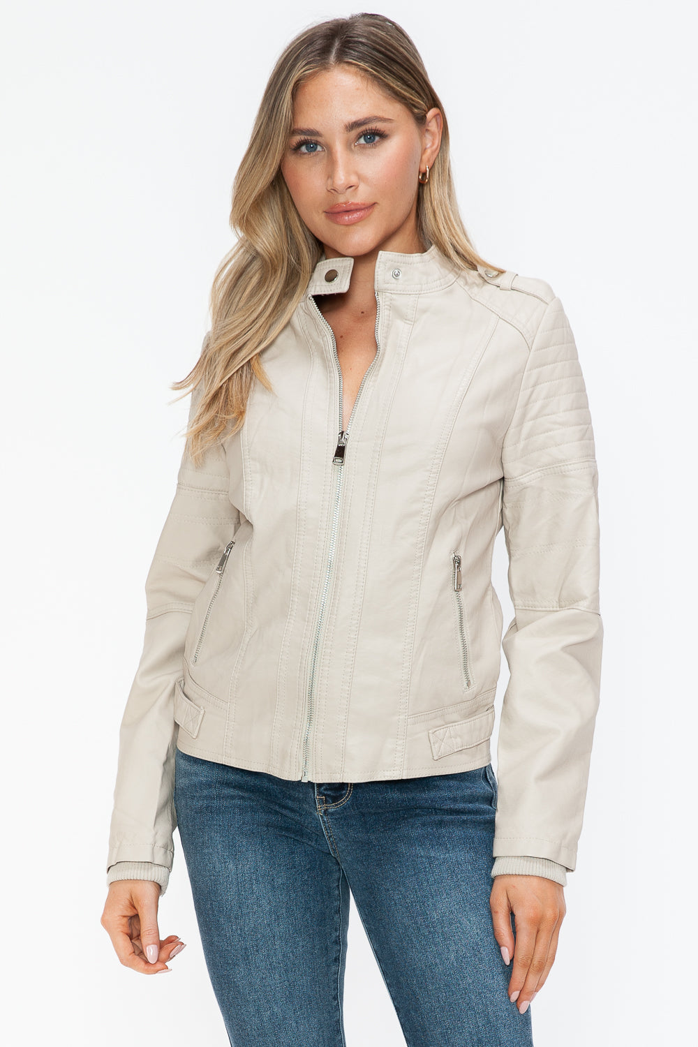 Sand PU Leather Biker Jacket with Side Zip Pockets