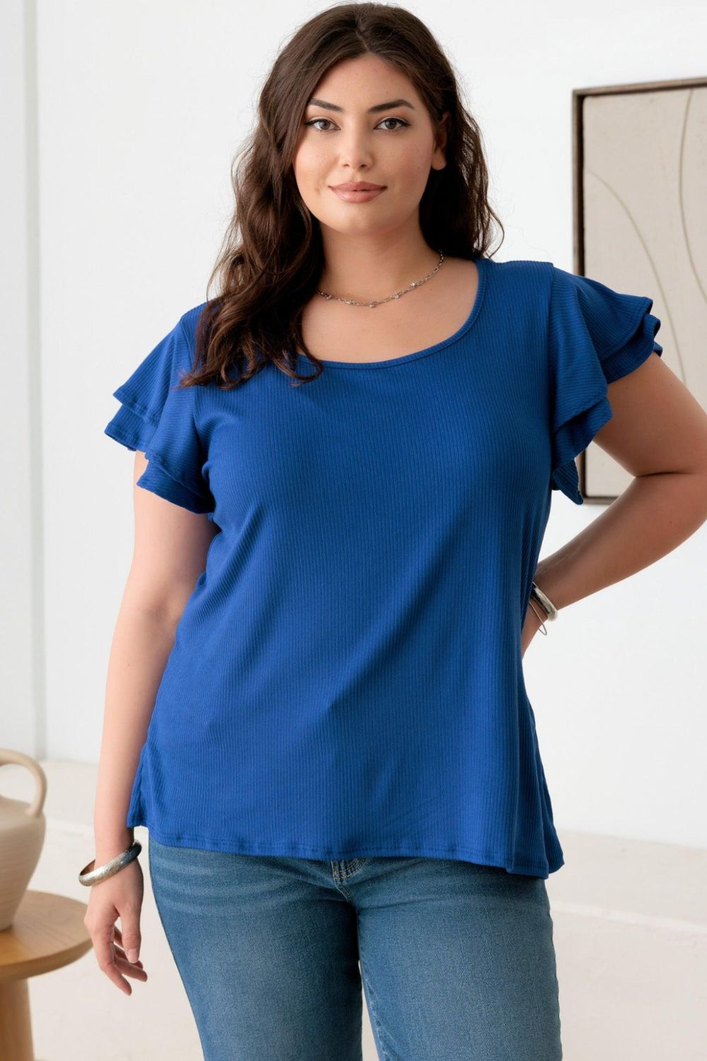 Royal Blue Plus Size Short Fluttery Sleeve Round Neck Top