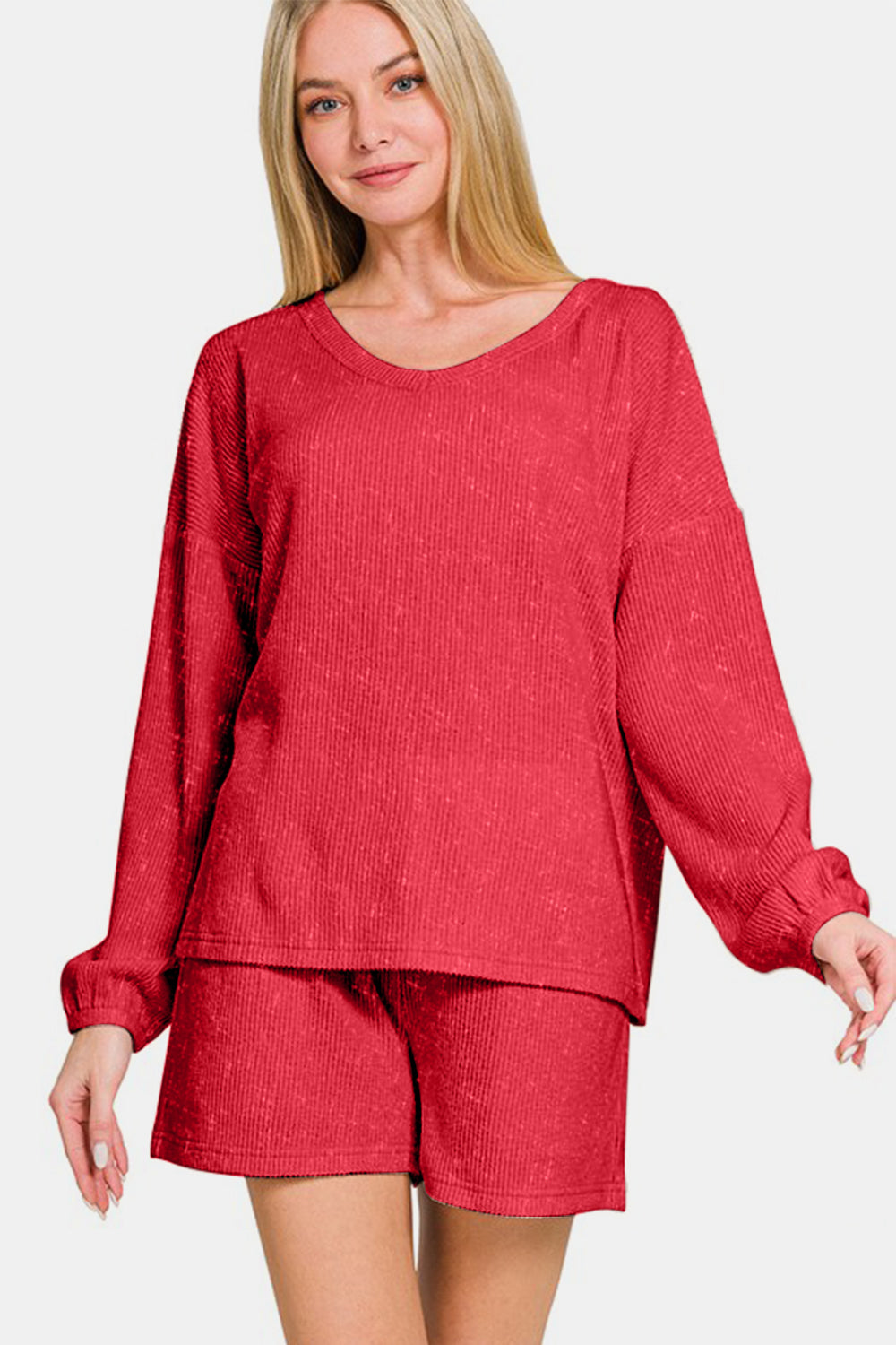 Deep Red V-Neck Long Sleeve Ribbed Top and Shorts Set