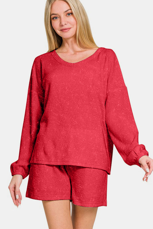 Deep red V-neck long sleeve ribbed top and shorts set for women, trendy casual style