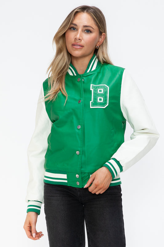 Green Milk PU Leather Contrast Snap Down Bomber Jacket with white sleeves and 'B' patch, worn by model.