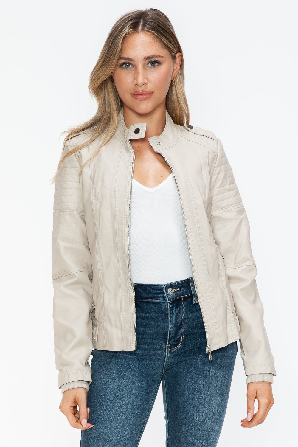 Sand PU Leather Biker Jacket with Side Zip Pockets