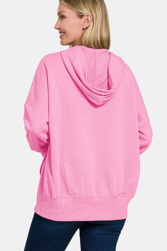 Pink half snap long sleeve hoodie with kangaroo pocket, basic ribbed style, slightly stretchy, cotton-polyester blend.