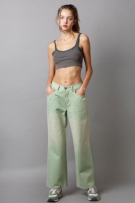 Light Green Embellishments Gradient Wide Leg Pants