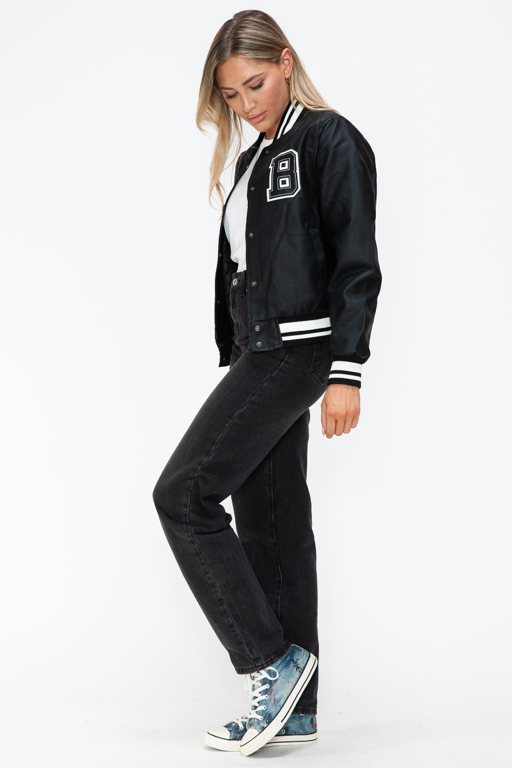 Midnight Black PU Leather Contrast Snap Down Bomber Jacket