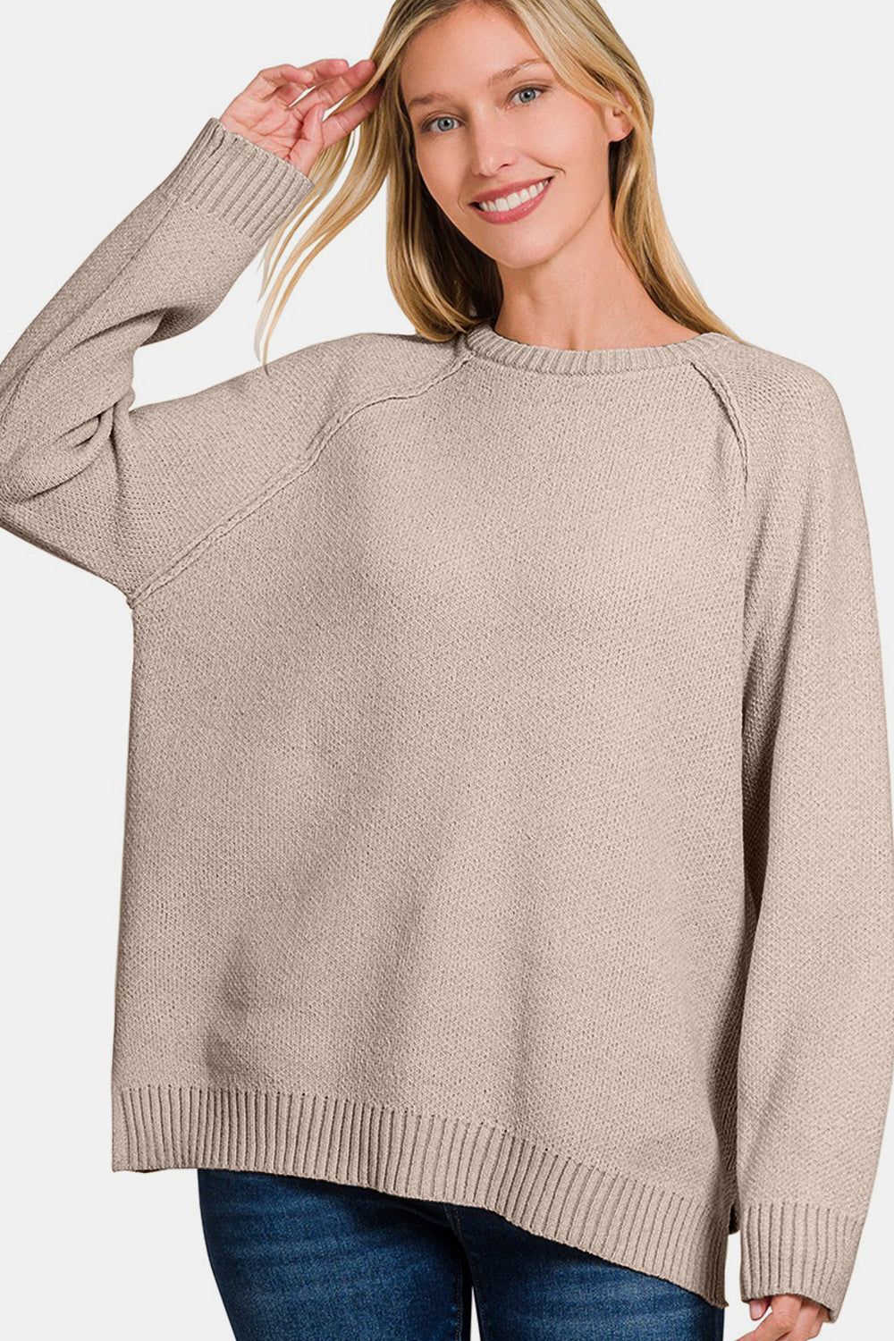 Light mocha side slit raglan sleeve sweater with ribbed cuffs and exposed seam design, perfect for a basic yet stylish look.