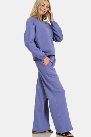 Dusty blue round neck raglan sleeve top and elastic waist pants set, featuring basic style and pockets, made of cotton and polyester.