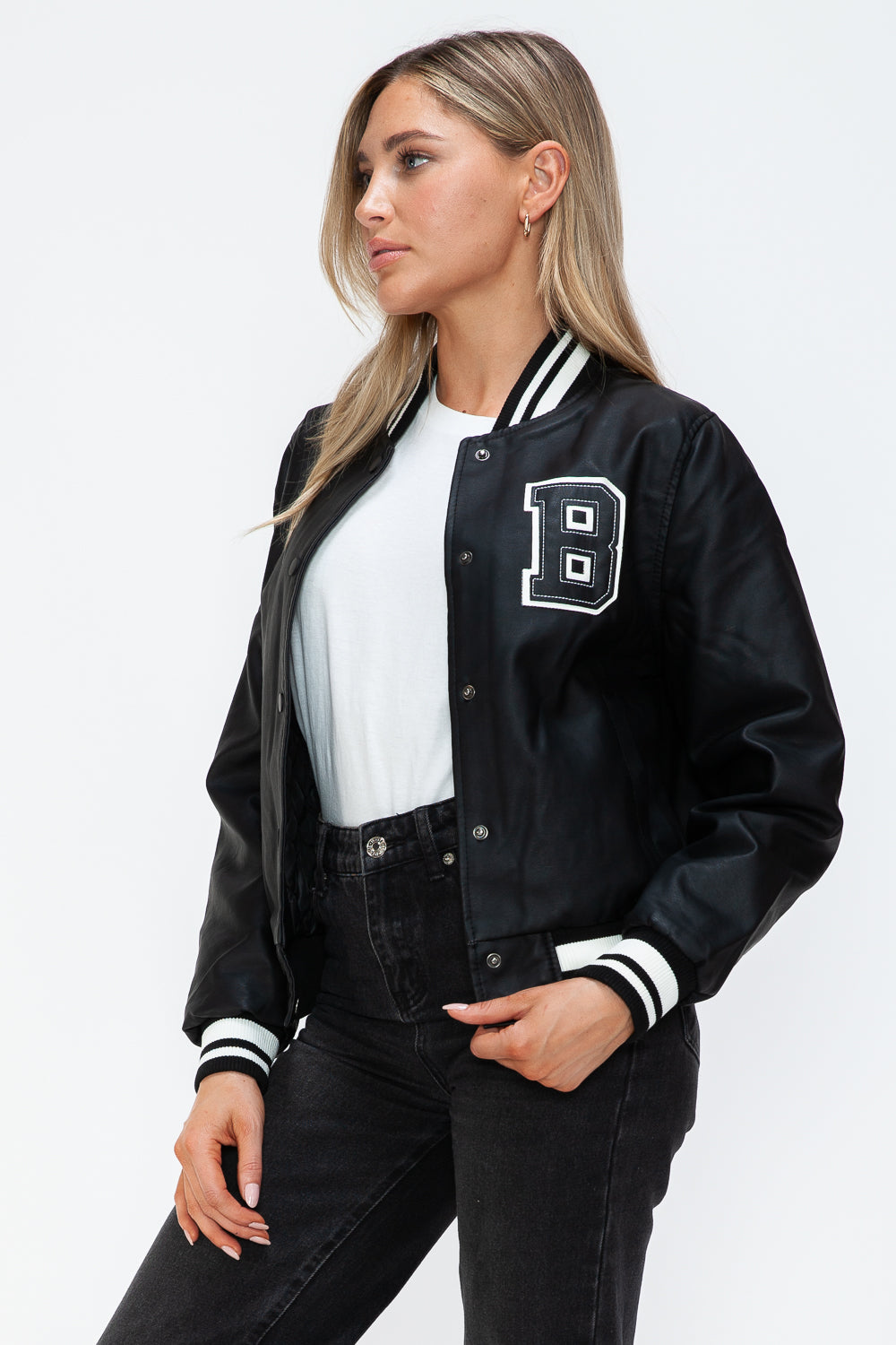 Midnight Black PU Leather Contrast Snap Down Bomber Jacket