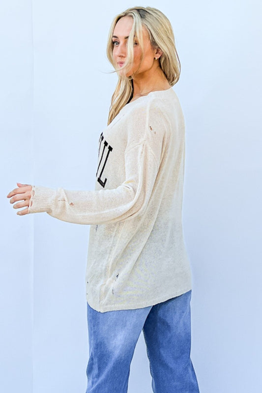 Beige GRATEFUL long sleeve knit top in acrylic and nylon, stylish back view, casual fit, no stretch, perfect for cozy days.