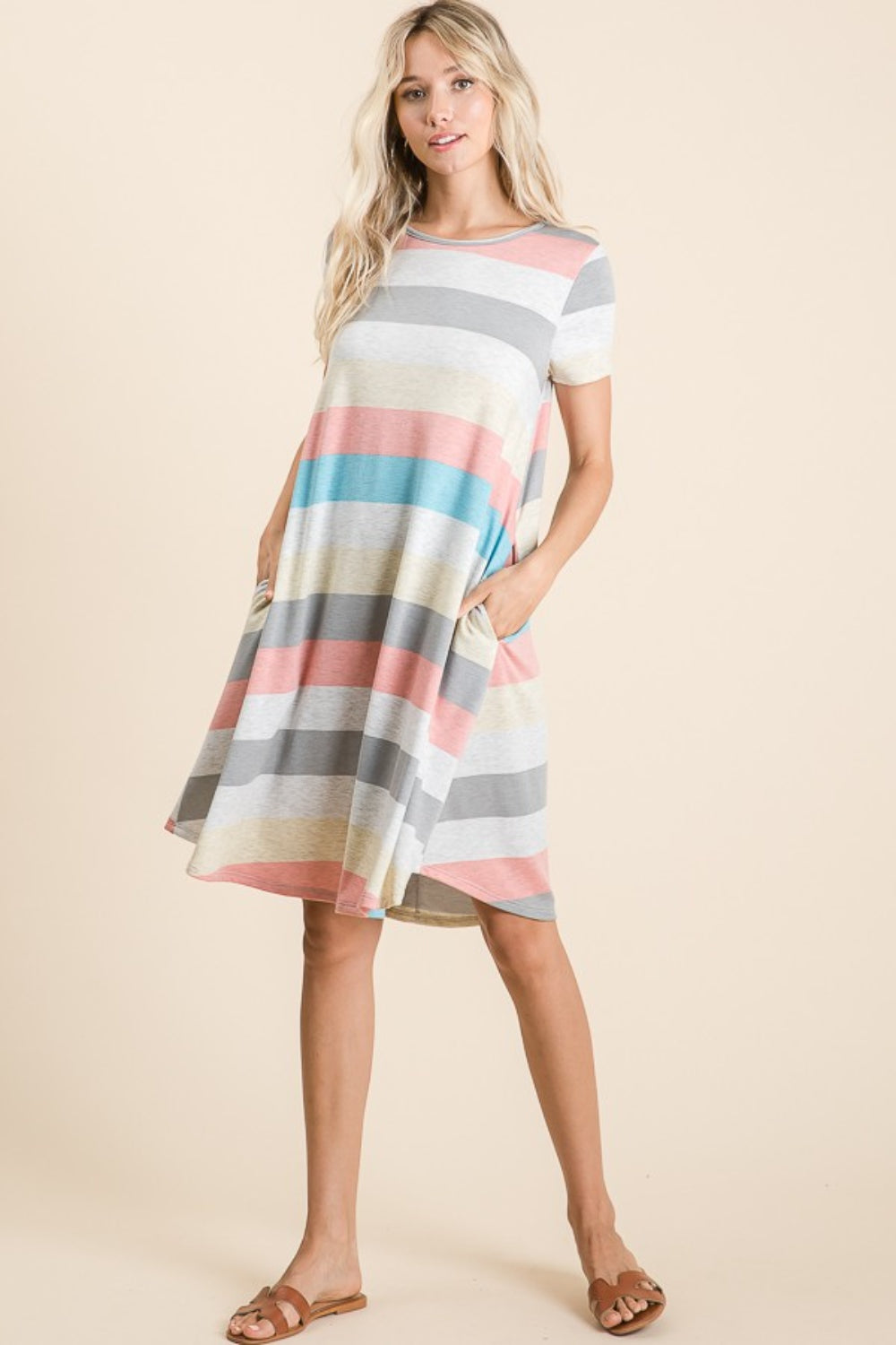 Multicolor striped short sleeve dress with pockets, slightly stretchy, made from polyester and spandex, featuring a basic style.