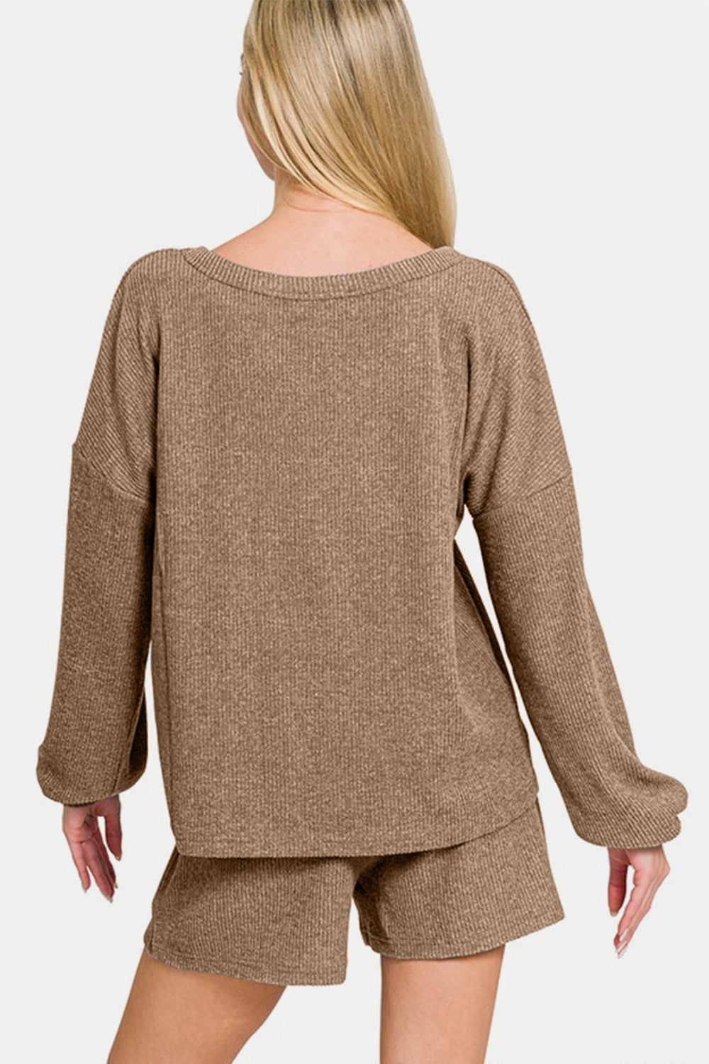 Camel V-Neck Long Sleeve Ribbed Top and Shorts Set