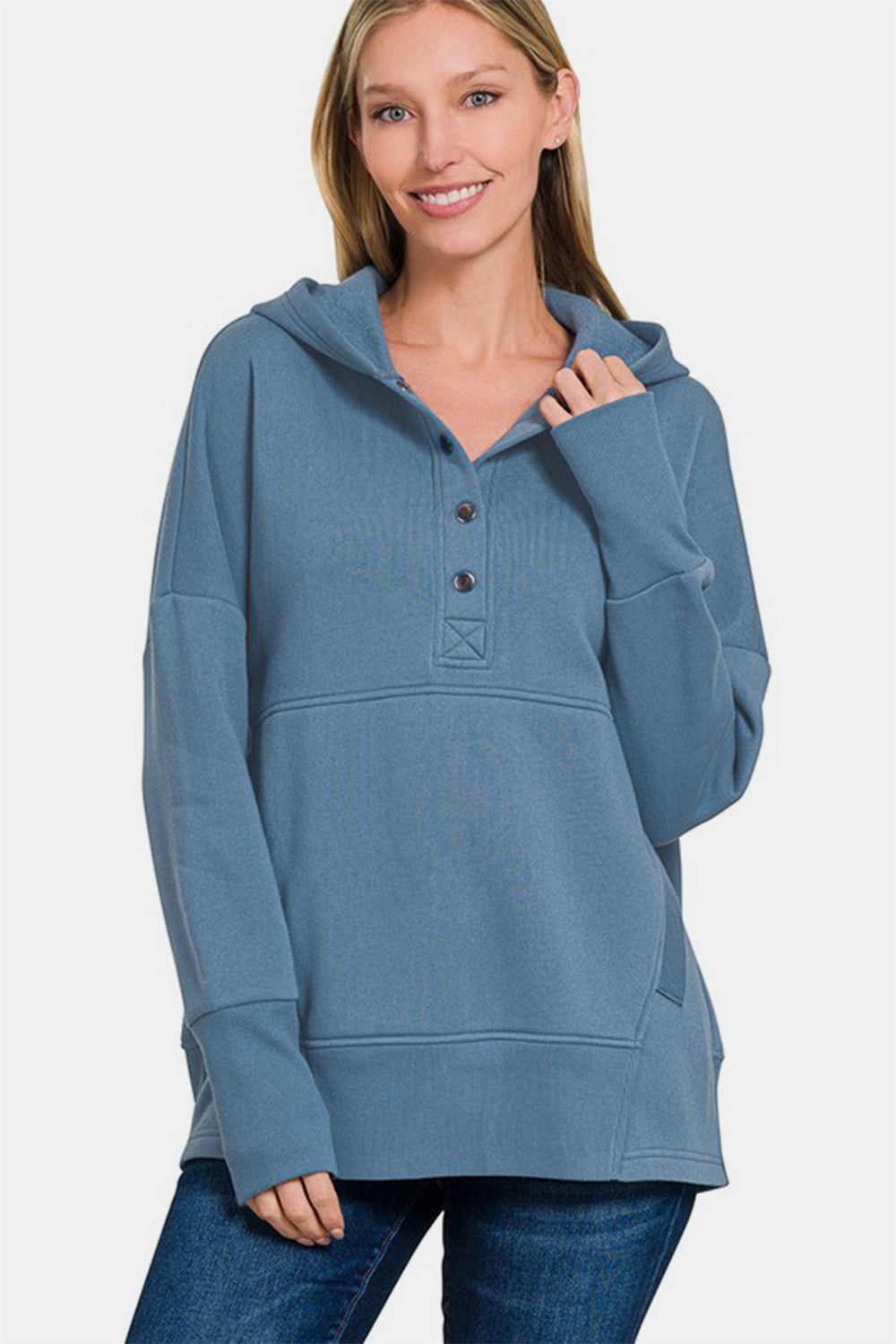 Dusty Blue Half Snap Long Sleeve Hoodie with Kangaroo Pocket