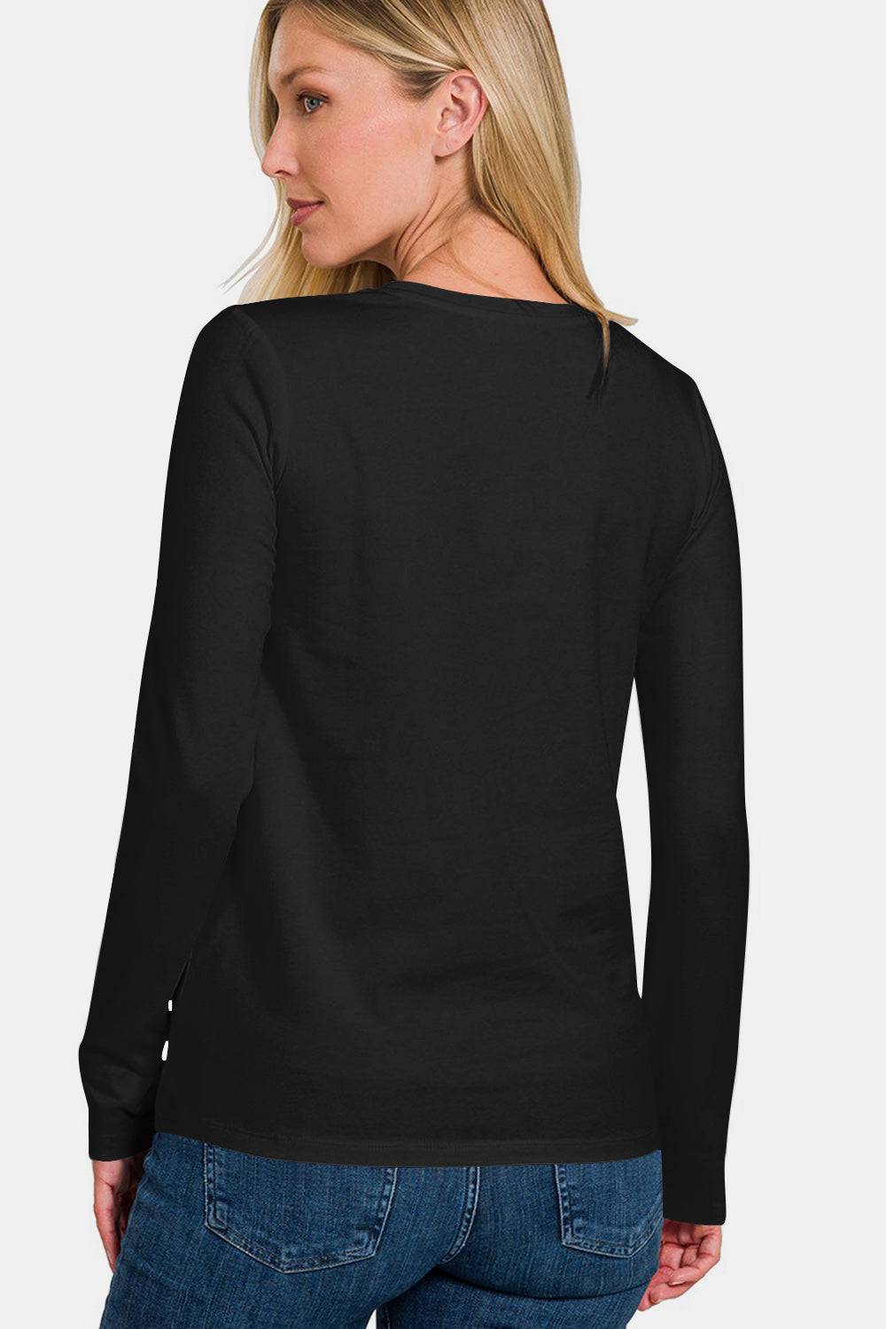 Black full size round neck long sleeve t-shirt, opaque with slight stretch, 95% cotton and 5% spandex, seen from the back.