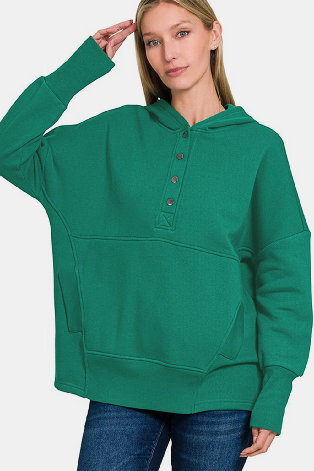 Dark Green Half Snap Long Sleeve Hoodie with Kangaroo Pocket