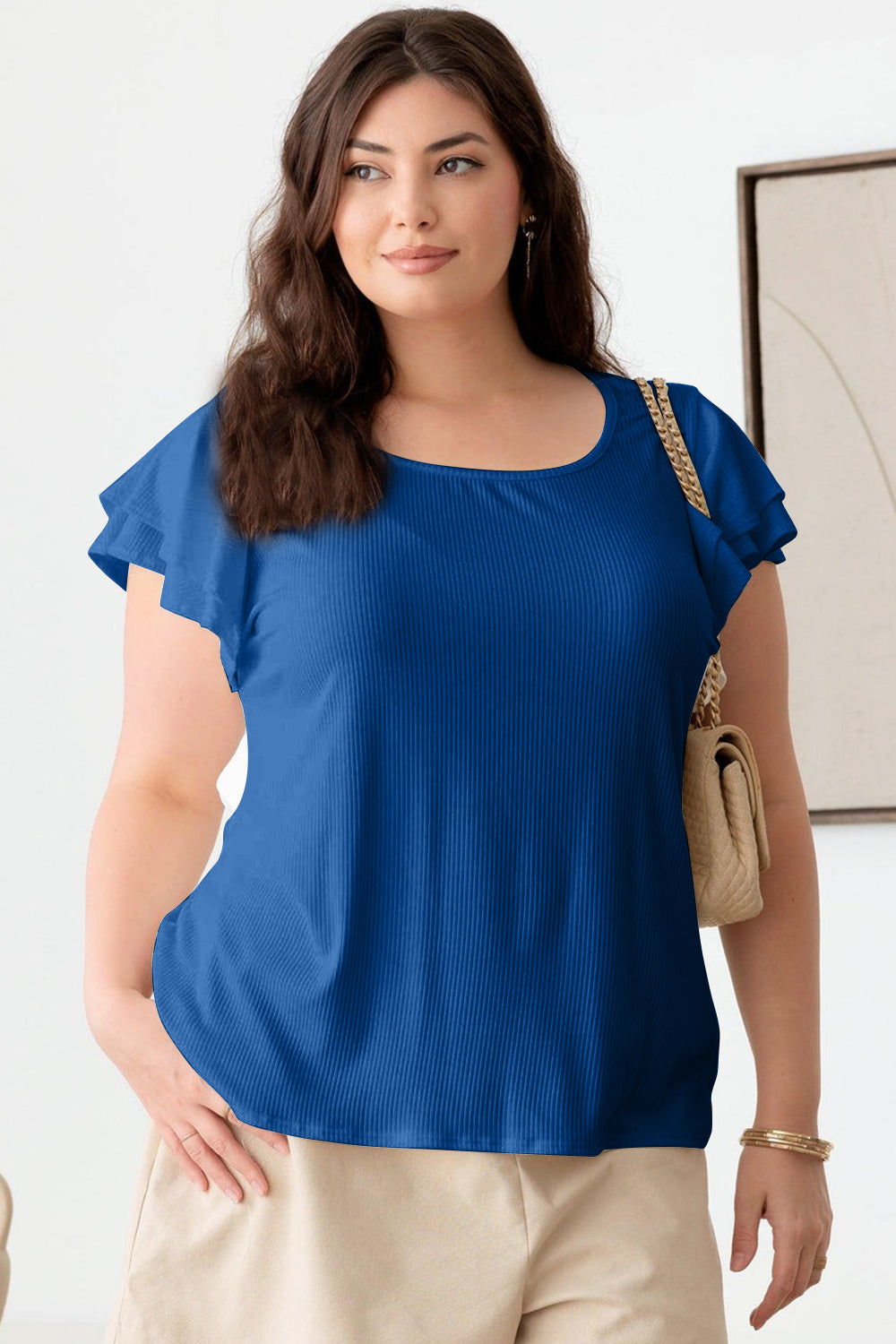 Royal Blue Plus Size Short Fluttery Sleeve Round Neck Top