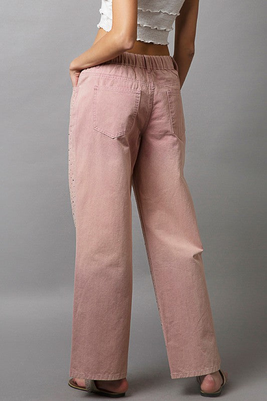 Embellishments gradient wide leg pants with pockets and rhinestones in pink, 100% cotton, opaque fabric, back view.