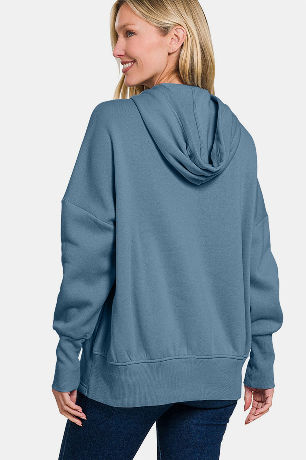 Dusty Blue Half Snap Long Sleeve Hoodie with Kangaroo Pocket