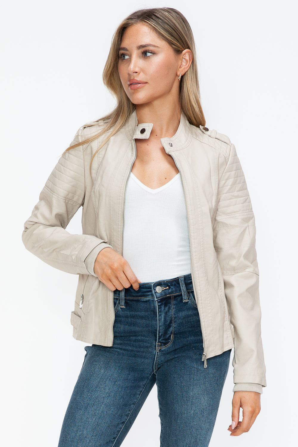 Sand PU Leather Biker Jacket with Side Zip Pockets