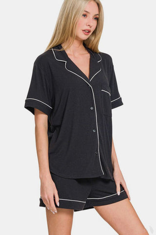 Black button down short sleeve top and shorts lounge set with pockets, basic style, made of polyester, rayon, and spandex