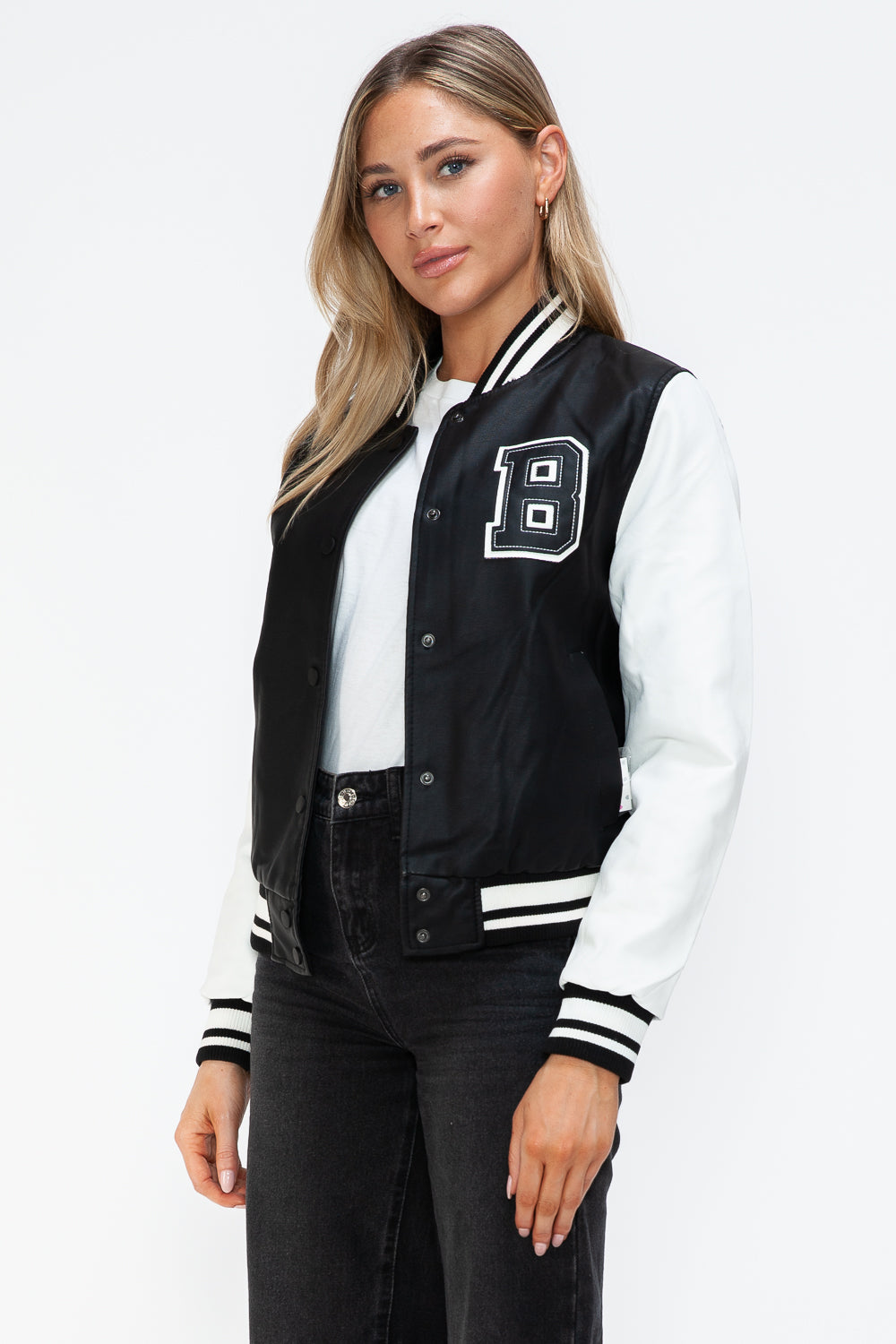 Love PU Leather Contrast Snap Down Bomber Jacket