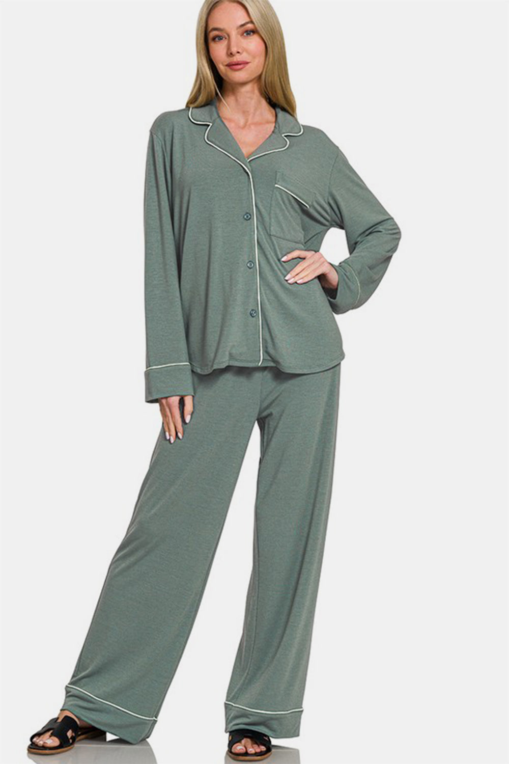 Sage button down long sleeve top and pants lounge set with pockets, featuring a slightly stretchy, opaque polyester-rayon-spandex blend.