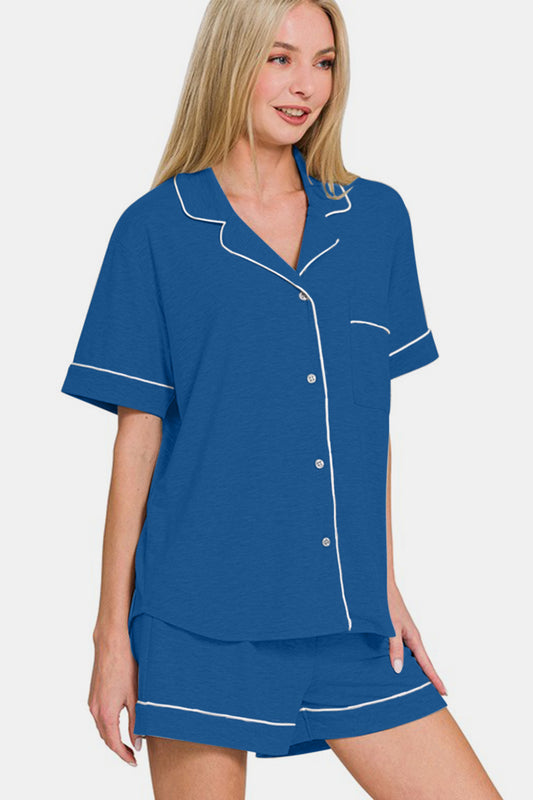 Classic blue short sleeve button down top and shorts lounge set with slight stretch, featuring pockets and basic style.