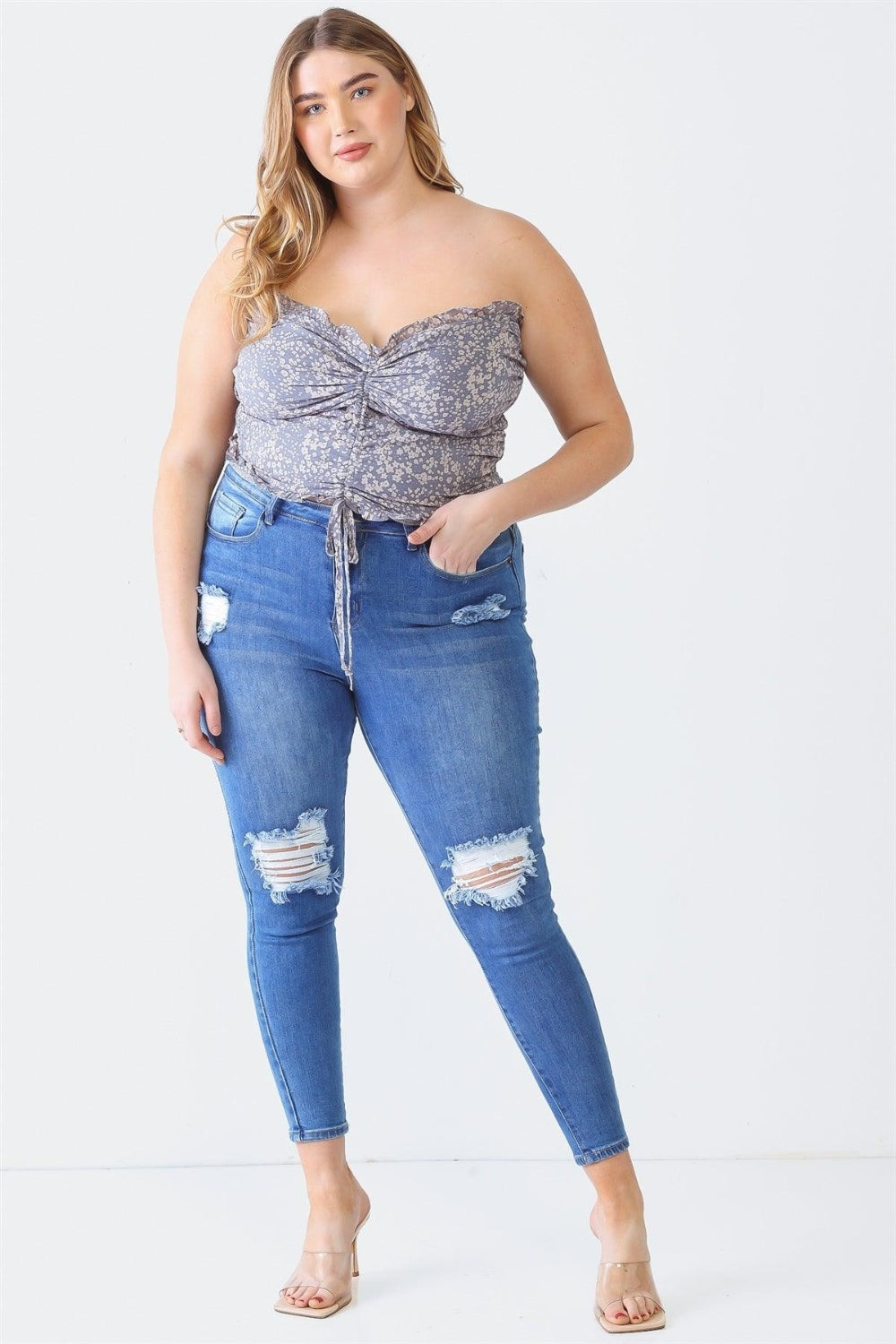 Denim Blue Plus Size Drawstring Smocked Floral Tube Top