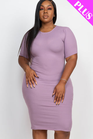 Plus Size Ribbed Short Sleeve Bodycon Midi Dress