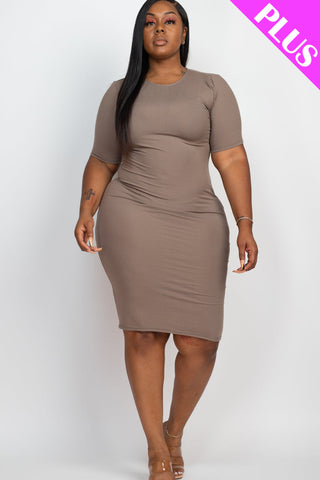 Plus Size Ribbed Short Sleeve Bodycon Midi Dress