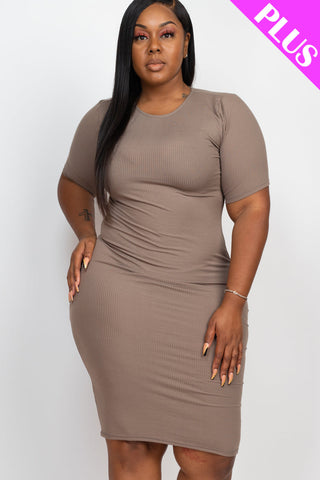 Plus Size Ribbed Short Sleeve Bodycon Midi Dress