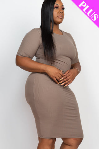 Plus Size Ribbed Short Sleeve Bodycon Midi Dress