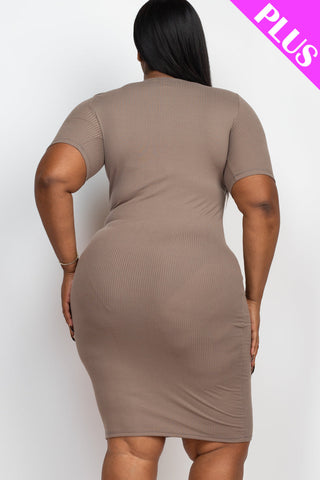 Plus Size Ribbed Short Sleeve Bodycon Midi Dress