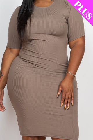 Plus Size Ribbed Short Sleeve Bodycon Midi Dress